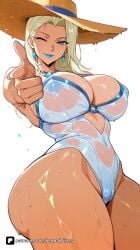 1girl ai_generated artist_name blonde_hair blue_eyes breasts cleavage covered_navel covered_nipples earrings emma_frost emma_frost_(marvel_rivals) hat highleg jewelry large_breasts lipstick long_hair looking_at_viewer makeup marvel marvel_comics marvel_rivals mature_female o-ring one-piece_swimsuit one_eye_closed patreon pointing pointing_at_viewer questionable see-through senpai_pixels simple_background smile solo straw_hat sun_hat swimsuit thick_thighs thighs wet wet_clothes white_background white_one-piece_swimsuit white_queen x-men
