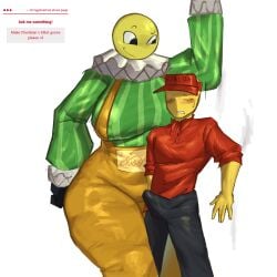 1boy 1girl big_breasts big_thighs bigger_female boner boner_in_pants breasts charlatan_(forsaken) clothed clothed_female clothed_male elliot_(forsaken) erect_penis erection erection_under_clothes female forsaken forsaken_(roblox) lornan1hater male roblox roblox_game robloxian shorter_male smaller_male taller_female thighs