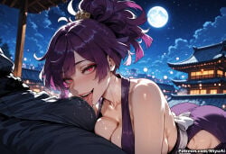 1boy 1girl ai_assisted ai_generated bare_shoulders blush breasts cleavage collarbone curvaceous curvy curvy_female curvy_figure female full_moon heart-shaped_pupils hetero japanese_clothes jigokuraku kimono large_breasts looking_at_viewer miyuai moon night night_sky open_mouth oral ponytail purple_hair saliva sidelocks sky solo_focus star_(sky) starry_sky sweat symbol-shaped_pupils thick thick_ass thick_butt thick_hips thick_legs thick_thighs tongue tongue_out voluptuous voluptuous_female wide_hips wide_thighs yuzuriha_(jigokuraku)