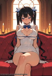 1girl 1girls ai_generated bangs black_hair blue_eyes blush boobs breasts breasts, camel_toe cameltoe cleavage clothed clothed_female curvy dungeon_ni_deai_wo_motomeru_no_wa_machigatteiru_darou_ka ecchipeachi female female_focus female_only focus fringe fully_clothed hestia_(danmachi) large_breasts nipples nipples_covered nipples_visible_through_clothing pussy sfw solo solo_female solo_focus sweat teeth tight_clothes tight_clothing uncensored