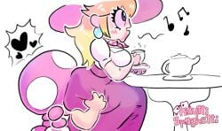 2d 2d_(artwork) blonde_hair blonde_hair_female burying_face butt earrings facesitting grabbing_ass hat hearts lips lipstick mario_(series) mario_kart mario_kart_world musical_note nautti_spaghetti nintendo pink princess_peach princess_peach_(vacation) sunhat table tea teapot toadette whistle white