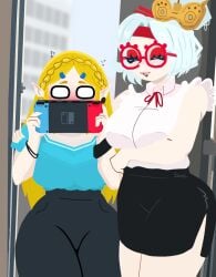 2023 2girls big_ass big_breasts big_butt blonde_female blonde_hair blushing blushing_at_viewer female female_only glasses high_waisted_pants looking_at_viewer nintendo nintendo_switch princess_zelda purah purah_(tears_of_the_kingdom) shy tears_of_the_kingdom the_legend_of_zelda thyogakuma wide_hips zelda_(breath_of_the_wild) zelda_(tears_of_the_kingdom)