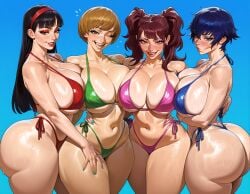 4girls ai_generated alternate_breast_size amagi_yukiko arm_around_waist asymmetrical_docking blue_background blue_bikini blush breast_press brown_eyes brown_hair cleavage curvy earrings green_bikini green_nails grin hand_on_another's_hip highleg_bikini huge_ass huge_breasts jewelry kujikawa_rise lipstick looking_at_viewer makeup micro_bikini mnemosynekoto multiple_girls nail_polish navel one_eye_closed parted_lips persona persona_4 pink_bikini red_bikini red_hairband red_lips red_nails satonaka_chie shiny_skin shirogane_naoto short_hair side-tie_bikini_bottom sideboob simple_background smile stomach string_bikini sweat swimsuit teeth thick_thighs thong_bikini twintails wide_hips
