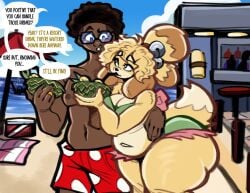 1boy 1girls animal_crossing anthro black_hair canine dark-skinned_male dark_skin dialogue female furry human isabelle_(animal_crossing) male nathanatwar outdoors tail text thick_thighs thunder_thighs whateverdoes wide_hips