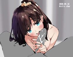 1boy :d blush brown_hair cum dated fellatio female hair_ornament hair_scrunchie handjob head_tilt medium_hair nude one_side_up open_mouth oral original penis pov scrunchie smile straight tabata_hisayuki