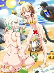 2girls ahoge ass back back_view beach cecilia_immergreen convenient_censoring feet flat_chest gigi_murin green_eyes heavenly_ass hololive hololive_english joints mascots naked tail