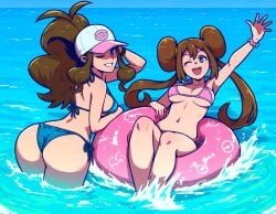 2girls ai_generated ass beach bikini blue_eyes breasts brown_hair female female_only hilda_(pokemon) looking_at_viewer midriff nintendo pokemon rosa_(pokemon) sea thick_thighs underboob wide_hips wink winking_at_viewer