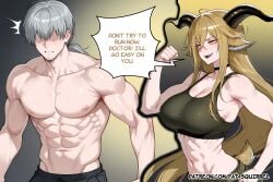 1boy 1girl ai_assisted ai_generated arknights assertive_female beard_stubble black_pants black_sports_bra choker degenbrecher_(arknights) doctor_(arknights) english_text faceless_male fatest_squirrel female flexing goat_tail grey_hair hair_down looking_to_the_side low_ponytail open_mouth smug surprised topless_male yellow_eyes