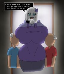 anon anonymous_male anthro babysitter big_breasts bigger_female blue_shirt bowtie bowtie_on_head breasts breasts_bigger_than_head clothed clothed_female clothed_male clothing cyan_eyes dialogue female_anthro goat goat_horns hand_on_head height_difference horns hourglass_figure huge_breasts human human_male large_breasts lovedtale male_human/female_anthro monster monster_girl older_female open_door open_mouth outdoors red_shirt size_difference smile smiling standing taller_female text theluxusguy_(editor) themadguy_(editor) thick_thighs thighs undertale undertale_(series) undertale_au voluptuous voluptuous_anthro voluptuous_female white_body white_fur wide_hips younger_male