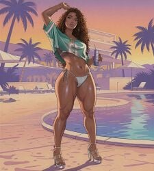 1girl ai_assisted ai_generated bikini bikini_bottom bikini_top crop_top curly_hair dark-skinned_female dark_skin female female_focus female_only grand_theft_auto_vi high_heels latina long_hair muscular muscular_female poolside tagme tan_skin unknown_artist