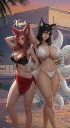 2girls, abs, ahri, ai_generated animal_ears, bikini, black_hair, breast_envy fox_ears, fox_tail, glistening_skin, hands_on_ass, hug, huge_breasts, kemonomimi, kissing, large_breasts, monster_girl, muscular_female, ponytail, red_hair, sunset, sweat, xayah yellow_eyes, yuri,