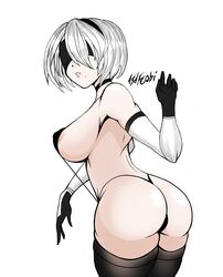 1girls areola_slip areolae asdfcobi ass beauty_mark big_ass black_bikini black_legwear black_thong blindfold breasts choker clothed cowboy_shot curvy dat_ass detached_sleeves female female_only gloves hairband huge_breasts legwear mole mole_under_mouth nier:_automata nipple_bulge parted_lips short_hair sideboob signature simple_background skimpy sling_bikini solo thick_thighs thighhighs thong white_background white_hair yorha_2b