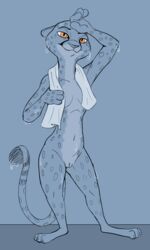 2020 anthro blue_background breasts cheetah disney dripping felid feline female fur genitals kii_catano mammal navel pussy simple_background small_breasts smile solo spots spotted_body spotted_fur standing tggeko towel wet zootopia