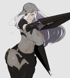 1girls alchemist_(girls'_frontline) breasts cleavage eye_patch girls'_frontline hirundo_rustica huge_breasts looking_at_viewer nipple_slip sketch smile torn_clothes weapon white_background white_hair yellow_eyes