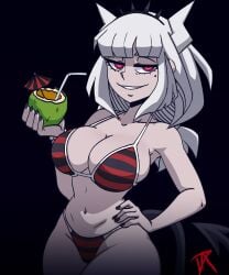 big_breasts bikini black_nails coconut_drink dalley_le_alpha demon_girl female female_only helltaker horns lucifer_(helltaker) red_eyes tail white_hair