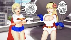 2girls 3d areolae big_breasts blonde_hair blue_eyes breasts breasts_out busty cleavage cleavage_cutout costume_swap crop_top dc dc_comics female female_focus female_only hourglass_figure kara_danvers kara_zor-el kara_zor-l karen_starr lipstick long_hair makeup misunderstoodsecrets navel nipples power_girl short_hair small_breasts supergirl superman_(series) tagme underboob wide_hips