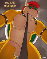 4:5 anthro armwear battaph bowser bowser_day clothing collar dialogue domination english_text erection genitals hi_res horn leash looking_at_viewer male male_domination male_only mario_(series) muscular muscular_anthro muscular_male nintendo penis shell smile smirk solo talking_to_viewer text video_games