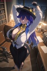 1girl ai_generated black_gloves blue_hair breasts desk gloves handcuffs hat hi_res high_quality high_resolution huge_breasts jewelry kiraamane long_hair looking_at_viewer lucilla_(wuthering_waves) patreon seductive sexy torn_clothes uncensored watermark wuthering_waves yellow_neckwear