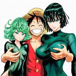 1:1 1boy 2d 2girls :o accurate_art_style accurate_body_type ai_generated arm_behind_back arms_at_sides big_breasts black_dress black_hair breast_focus breast_grab breasts breasts_apart busty busty_female cel_shading closed_eyes clothed clothing collarbone collared_dress covered_navel covered_nipples crossover curly_hair curvaceous curvy curvy_figure erect_nipples erect_nipples_under_clothes eyebrows eyelashes facing_viewer female ffm_threesome flipped_hair front_view fubuki_(one-punch_man) girl_sandwich grabbing grabbing_another's_breast grabbing_breasts grabbing_from_behind green_dress green_eyes green_hair groping groping_breast groping_breasts groping_from_behind happy hat headwear hetero high_collar high_slit_dress highres impossible_clothes large_breasts light-skinned_female light-skinned_male light_skin line_art long_sleeves looking_at_viewer male manga_style monkey_d_luffy multiple_females multiple_girls murata_yuusuke_(style) nipple_bulge nipples no_bra official_style older_female_and_younger_male one-punch_man one_piece open-mouth_smile open_mouth parted_lips pelvic_curtain perky_breasts petite red_shirt sandwiched scar scar_on_cheek scar_on_face shiny_clothes shiny_hair shiny_skin short_hair siblings side_slit simple_background sisters size_difference skin_tight skinny skinny_female sleeveless slender_body slender_waist small_breasts smile standing straight straw_hat tatsumaki taut_clothes taut_dress teeth teeth_showing tight_clothing tight_dress upper_body v-shaped_eyebrows white_background younger_male