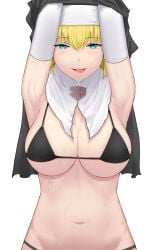 1girls arms_up bikini blonde_hair blue_eyes breasts cleavage enen_no_shouboutai fire_force large_breasts licking licking_lips long_gloves looking_at_viewer nun seductive seductive_look short_hair simple_background sister_iris_(enen_no_shouboutai) sister_iris_(fire_force) unknown_artist white_background