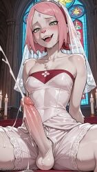 1girl ai_generated bare_shoulders blush breasts bridal_veil candle church collarbone cum decurse dress ejaculation erection facial_mark forehead_mark furry furry_female futanari green_eyes haruno_sakura indoors looking_at_viewer mole mole_under_mouth naruto naruto_(series) naruto_shippuden open_mouth patreon_username penis pink_hair projectile_cum sakura_haruno short_hair shorts sitting small_breasts smile solo spread_legs stained_glass strapless testicles uncensored veil wedding_dress white_dress