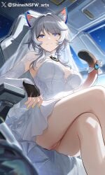 ai_generated blue_eyes cipher_(honkai:_star_rail) gray_hair honkai:_star_rail honkai_(series) looking_at_viewer pussy shineinsfw sitting uncensored white_dress