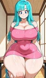 ai_generated big_breasts blue_eyes blue_hair curvy dragon_ball dress houseofwaifu huge_breasts maron sneakers solo_female thick_legs thick_thighs voluptuous_female wide_hips wide_thighs
