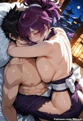 1boy 1girl ai_assisted ai_generated bangs bare_shoulders black_hair blush breasts choker curvaceous curvy curvy_female curvy_figure female fujimaru_ritsuka_(male) full_moon girl_on_top hetero implied_sex japanese_clothes jigokuraku large_breasts miyuai moon muscle night night_sky nipples ponytail purple_hair purple_kimono scar sex sidelocks sky smile sweat thick thick_ass thick_butt thick_hips thick_legs thick_thighs torn_clothes voluptuous voluptuous_female wide_hips wide_thighs yuzuriha_(jigokuraku)