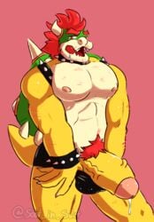 anthro big_penis bodily_fluids body_hair bowser clothing drooling facial_hair genital_fluids genitals hi_res koopa male male_only mario_(series) muscular muscular_anthro muscular_male nintendo pecs penis precum pubes saliva scalie solo soot_in_suit spikes underwear vein video_games