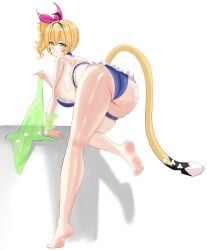 1girl 1girls absurdres ahoge ass ass_focus bent_over bikini black_hair blonde_hair blue_bikini breasts commentary dooby3d feet female green_eyes hanging_breasts highres huge_breasts immortalboobs indie_virtual_youtuber jerboa_tail large_breasts legs massive_breasts multicolored_hair side_ponytail solo streaked_hair swimsuit tail thigh_strap thighs virtual_youtuber vtuber white_background