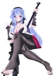 1girl 1girls absurdres bao_(vtuber) big_breasts black_bra black_nails black_skirt blue_hair bra breasts cetacean_tail choker feet female fins fish_tail fishnet_pantyhose fishnets foot_focus hat heart heart_necklace highres holding holding_microphone immortalboobs indie_virtual_youtuber jewelry legs long_hair looking_at_viewer microphone necklace pantyhose partially_open_shirt pink_eyes pink_skirt shirt skirt solo tail toes two-tone_skirt underwear virtual_youtuber vtuber whale_girl white_background white_shirt