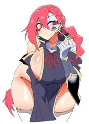 1girl bent_over big_breasts blushing disguise face_paint female_focus female_only hat jiangshi jiangshi_(mannungei) mannungei red_hair revealing_clothes sideboob stitches thick_thighs traditional_clothes