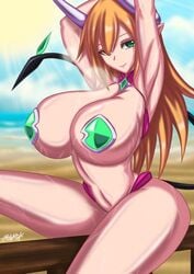 1girls armpits arms_above_head big_breasts blonde_hair breath_fog curvaceous curvy demon_tail female fenrox green_eyes horns huge_breasts nipple_covers original original_character pasties sweat sweaty thick_thighs voluptuous