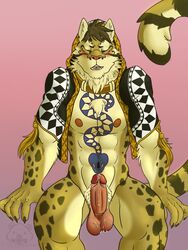 2017 3:4 balls blush bodily_fluids closed_eyes clothing erection felid genital_fluids genitals hi_res leopard likulau male male_only mammal nekojishi open_mouth pantherine penis possumpecker precum solo tattoo