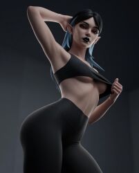 1girls 3d ai_generated catcherart curvy dark_hair epic_games female female_only fortnite fortnite:_battle_royale light-skinned_female light_skin long_hair looking_at_viewer medium_breasts partially_clothed red_eyes shimmerdusk solo solo_female sports_bra standing tagme thick_thighs thighs