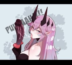 1girl after_fellatio bare_shoulders black_crown black_gloves blue_eyes breasts commentary cottontail_(vtuber) crown dildo dildo_gag dildo_reveal english_commentary female female_only freckles gag gloves hair_between_eyes heterochromia highres holding holding_sex_toy huge_dildo indie_virtual_youtuber kokoe_(pyuncho) large_breasts long_hair looking_at_viewer makeup pacifier pink_eyes pink_hair pointy_ears runny_makeup saliva saliva_trail sex_toy solo sound_effects tongue tongue_out turning_head virtual_youtuber