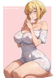 1girls alternate_version_available blonde_hair blue_eyes blush breasts cetta_(cettadvd) cleavage enen_no_shouboutai female_focus female_only hands_together large_breasts nipples on_knees see-through see-through_shirt shirt shirt_only short_hair sister_iris_(enen_no_shouboutai) sister_iris_(fire_force) sitting solo solo_female wet_clothes wet_shirt