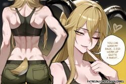 1girl ai_assisted ai_generated arknights black_sports_bra degenbrecher_(arknights) english_text fatest_squirrel finger_to_mouth goat_tail half-closed_eyes one_eye_closed open_mouth seductive_smile standing sweatdrop yellow_eyes