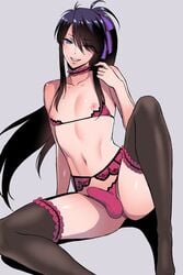 1boy black_hair bulge choker drifters femboy light_skin lingerie nasu_no_yoichi nipples ponytail ribbon smile solo stockings