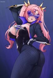 1girl adjusting_clothes adjusting_leotard alternate_costume arm_up ass black_choker black_jacket black_leotard black_pantyhose breasts choker commentary cropped_jacket english_commentary eye_mask fishnet_pantyhose fishnets green_eyes haxial heart highleg highleg_leotard highres huge_ass jacket large_breasts leotard long_hair looking_at_viewer mask nicole_demara pantyhose parted_lips pink_hair simple_background solo strapless strapless_leotard thick_thighs thighs twintails zenless_zone_zero