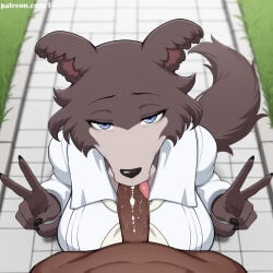 1boy 1girls ai_generated beastars blowjob deepthroat dripping feet female fiff furry furry_female furry_only highres juno_(beastars) naked nude pussy smiling sweat tail vagina