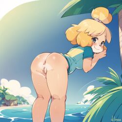 ai_generated animal_crossing anus ass bending_over blue_eyes blush bottomless butt canid canine female female_focus female_only from_behind house isabelle_(animal_crossing) island leaning_forward looking_at_viewer mammal medium_breasts nintendo ocean palm_tree pussy seaside sklimaa smile solo t-shirt yellow_body yellow_fur