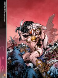 2girls a_princess_of_mars anklet barsoom black_hair blood blue_eyes brown_hair carlo_pagulayan crossover dejah_thoris fangs fighting fit_female gold_pasties holding_weapon john_carter_of_mars large_breasts loincloth long_hair martian michael_jason_paz official_art pink_skin purple_eyes revealing_clothes royalty silver_eyes sword vampire vampirella voluptuous wil_quintana