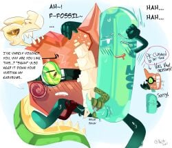 annoyed_expression bfdi blush_lines canon_x_canon goggles_on_head inanimate_insanity object_shows objectified_(webcomic) original original_character osc painkiller_(objectified) pleasure_face stroking_cock sweatdrop webcomic