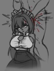 1boy 1girls blood brain_fuck breasts cleavage corpse death drooling empty_eyes eye_roll gore guro gurochanop kneeling long_hair massive_breasts monochrome necrophilia original saliva sex skull_fucking sleeveless_shirt snuff unseen_male_face