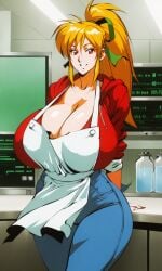 1girl 1girls ai_generated apron big_breasts blonde_hair gigantic_breasts gloves green_ribbon hood jeans mega_man pale_skin ponytail red_eyes red_hoodie ribbon rockman roll roll_(mega_man) smile smile_at_viewer smiling smiling_at_viewer tied_hair tied_shirt unzipped_hoodie white_apron white_skin wide_hips