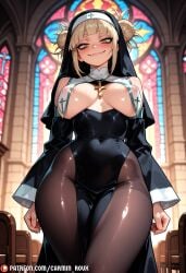 1girl ai_generated alternate_costume areola_slip artist_name bags_under_eyes bare_shoulders black_dress black_pantyhose blonde_hair blunt_bangs blurry blurry_background blush boku_no_hero_academia breast_curtains breasts breasts_apart brown_pantyhose carminroux church closed_mouth covered_navel covered_nipples cross cross_necklace detached_sleeves double_bun dress fangs fangs_out from_below habit hair_bun himiko_toga indoors jewelry large_breasts long_sleeves looking_at_viewer messy_hair my_hero_academia narrowed_eyes necklace nipples no_bra no_panties nun ochako_uraraka pantyhose patreon_logo patreon_username pelvic_curtain robe see-through short_hair sidelocks slit_pupils smile solo stained_glass standing thighs toga_himiko uraraka_ochako web_address wide_hips yellow_eyes yuri