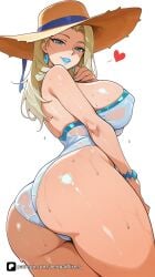 1girl ai_generated artist_name ass bare_shoulders blonde_hair blue_eyes blue_nails bracelet breasts covered_nipples earrings emma_frost emma_frost_(marvel_rivals) hat heart huge_ass huge_breasts jewelry large_breasts lipstick long_hair looking_at_viewer looking_back makeup marvel marvel_comics marvel_rivals nail_polish one-piece_swimsuit parted_lips patreon questionable see-through senpai_pixels shiny shiny_skin sideboob simple_background smile solo straw_hat sun_hat swimsuit thick_thighs thighs wet wet_clothes white_background white_one-piece_swimsuit white_queen x-men