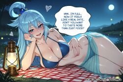 1girl ai_assisted ai_generated aqua_(konosuba) blue_bikini blue_eyes english_text fatest_squirrel half-closed_eyes hand_on_own_stomach head_rest kono_subarashii_sekai_ni_shukufuku_wo! large_breasts looking_at_viewer on_side open_mouth seductive_smile wet wet_hair