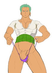 1boy balls flaccid foreskin geeau green_hair male male_only muscular muscular_male one_piece penis purple_underwear roronoa_zoro solo sweat sweaty_armpits testicles underwear underwear_pull